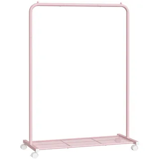 SONGMICS Kleiderständer, Kleiderstange auf Rollen, Garderobenständer Metall, Rollgarderobe 91 cm breit, mit Ablage, 2 Rollen mit Bremse, Garderobenstange bis 40 kg belastbar, pastellrosa HSR025P01