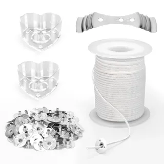 AROMUJOY 61m Kerzendocht Rolle, Kerzendochte für Kerzen Set, Rauchfrei Dochte für Kerzen mit 100 Metallbasis und 1 Zentriervorrichtung, 2 Kerzengießform, Cotton Candle Wick für die Kerzenherstellung