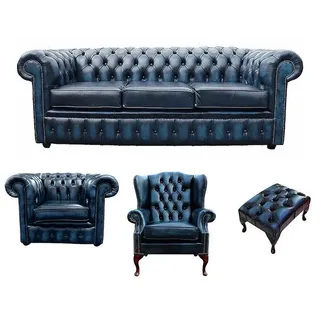 Sofagarnitur Chesterfield Polster Couch Sofa Leder Sitz Garnitur Ohrensessel 414 - Blau