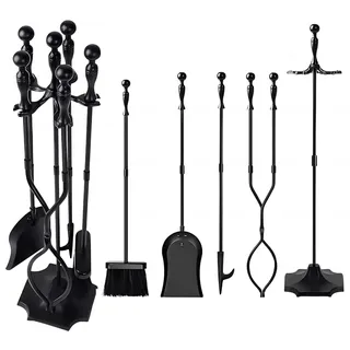 AMAGABELI 26.5"(67.3cm) 5-teilige Kaminbesteck Set Kamingarnitur mit Schmiedeeisen und Innenausstattung Kaminzubehör Kaminständer Feuerzange Schaufel Antikbürste Schornsteinschürhaken Schwarz