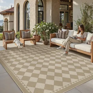 PureCozy Outdoor Teppich Wohnzimmer 300x400cm Outdoorteppich Wetterfest Balkon Beige Kaffee Kariert Teppiche Jute Optik Waschbarer rutschfest Carpet Esszimmer Terrassen Garten BüRo Indoor Groß Rug