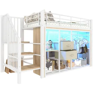 Redom Halbhohes Bett 90/200 cm aus Metall und MDF mit 2 Schubladen, offenem Kleiderschrank und LED-Beleuchtung, Weiß , 90x200 cm , Schlafzimmer, Betten, Metallbetten