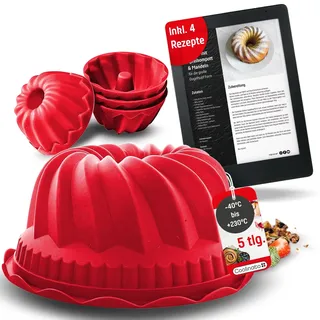 Coolinato - Silikon Backform 5er Set für Gugelhupf Kuchen Rot - Guglhupf Silikonformen 1x 24cm & 4x 8cm zum Backen - Kuchenform Platinsilikon backofenfest bis 230°C & antihaft inkl. tollen 4 Rezepten