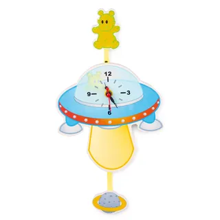Kinder Wanduhr Ufo-Design aus Holz und Kunststoff mit Pendel, bunt, 32 x 16 x 4,5 cm