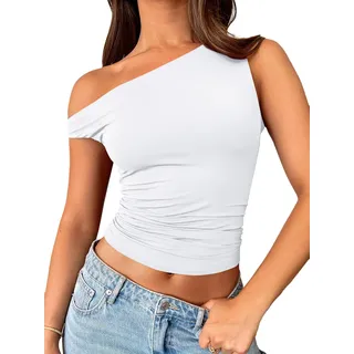 Trendy Queen Schulterfreies Damen-T-Shirt, Bauchfreies Tank-Top, modische Kleidung, Frühlingsoutfits 2025, Weiss/opulenter Garten, Mittel