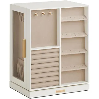 SONGMICS GISELLA Kollektion - Schmuckkästchen 360° drehbar, Schmuckkasten 5 Schubladen, seitliche Glasfenster, vertikale Schmuckaufbewahrung, offenes Design, Geschenkidee, wolkenweiß JBC170W01S