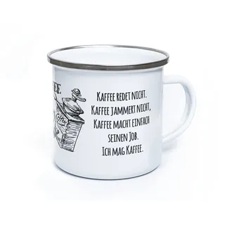 TypeStoff Emaille-Tasse mit Spruch - Kaffee redet nicht - im Vintage-Look mit Zitat als Geschenk und Dekoration zum Thema Kaffee und Tee - TS-01299