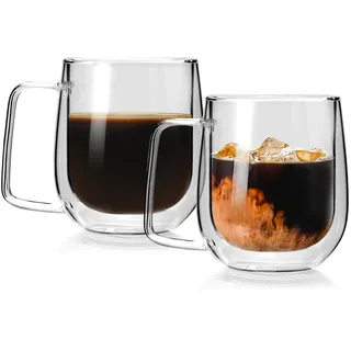 CNNIK Latte Macchiato Gläser Doppelwandige Tassen Kaffeetassen Espressotassen Cappuccino Tassen Kaffeegläser Doppelwandig Teegläser mit Henkel 2er Set 250ml Espresso Gläser