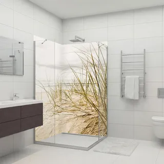 dedeco 2tlg. Eck-Duschrückwand Dünengras V1, 90x200cm Alu 3mm UV matt | Wasserfeste Duschrückwand, Alu-Verbundplatte mit UV-Lack matt – fugenlos, pflegeleicht, Fliesenersatz, Made in Germany