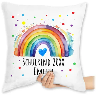Kissen 40x40 Zierkissen - Einschulung - Schulkind 2026 Regenbogen mit Name - 40 x 40 cm - Weiß - Schulanfang 2025 sitzkissen schulanfänger 1. Schultag schul Schule 1.Schultag schulkinder