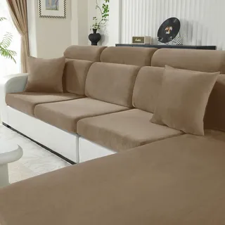 CYCMACO Samt Sitzkissenbezug, Stretch Sofa Sitzkissenbezug rutschfest, Universal Sofa Überzug Wohnzimmer, Elastischer Kissenbezüge, Waschbare(Großer 1-Sitzer, Kamel)