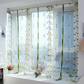 Tomotato Stickerei Tüll Vorhänge, Elegante Transparente Chrysanthemen Hebevorhänge mit Kräuselband 80x100cm, Polyester Voile Gardinen für Küche, Bad, Wohnzimmer, Schlafzimmer