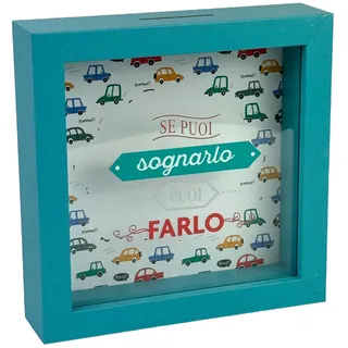 Dekorative Spardose aus Holz, 16 x 16 cm, Vintage-Design, türkisfarbener Rahmen mit italienischem Schriftzug