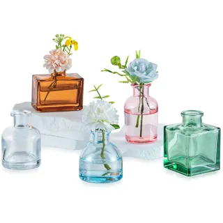Glasseam Mini Kleine Vasen für Tischdeko: 5 Stück Bunte Glasvasen Set Blumenvase Modern Dekoration - Deko Vase Glas für Home Office Wohnzimmer Tisch Regal Fenster