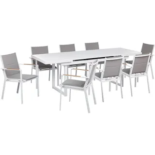 BELIANI Gartenmöbel Set 9-teilig Weiß Aluminium Ausziehtisch 180 / 240 x 90 cm Latten-Tischplatte Rechteckig mit 8 Stühlen Bespannung Grau Stapelbar - Weiß, Grau, Braun