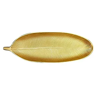 Goldenes Tablett Deko, 40×14cm Blattform Servierplatte Schmuck Organizer Tablett Dekotablett für Salate, Desserts, Vorspeisen, Nudeln, Frücht(Small)