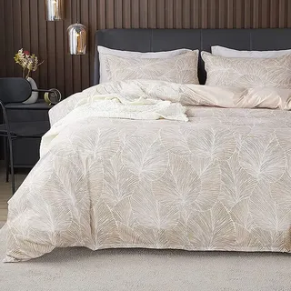 Nayoroom Bettwäsche 135x200 4teilig Beige Blätter Muster Bettbezug Microfaser Tropisch Palmenblätter Wendebettwäsche Set mit Reißverschluss and 2 x Kissenbezug 80 x 80 cm