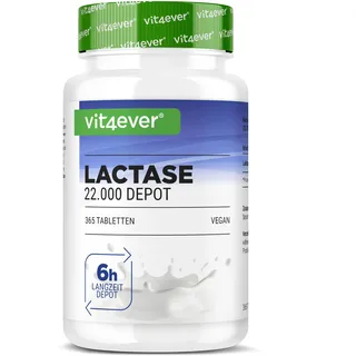 vit4ever Laktase 22.000 Depot - 365 Tabletten mit Depotwirkung (Sepismart® Slow Release) - Hochdosiert mit 22.000 FCC-Einheiten - Bei Laktoseintoleranz + Milchunverträglichkeit - Vegan