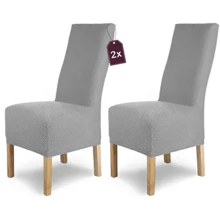 SCHEFFLER-Home Stuhlhussen Stretch Luna-Lang/Stuhlüberzug 2er Set Grau Lang/elastische Flanell Stuhlabdeckungen/Stuhlhussen Schwingstühle/Spann-Bezug Stuhl Überwurf als eleganter Schonbezug