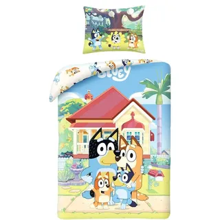 Halantex Bettwäsche Bluey Hunde Familie Bluey Bingo Bandit Chilli, wendbarer Bettbezug 140 x 200 cm und Kissenbezug 70 x 90 cm, Mehrfarbig, 100% Baumwolle