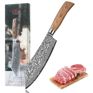 Wakoli EDIB Pro Damast BBQ Blockmesser aus echtem Damaststahl (VG10 Kern) 20 cm Klinge – Scharf & ergonomisch – Damastmesser mit Pakkaholzgriff in Geschenkbox – Küchenmesser & Fleischmesser für Grill