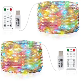2 x 100LEDs Lichterkette USB, 10M USB-Anschluss mit Fernbedienung 8 Programm Timer Kupferdraht Lichterkette Innen für Zimmer, Party, Hochzeit, Weihnachten