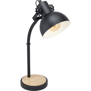 EGLO Tischlampe Lubenham, 1 flammige Vintage Tischleuchte im Industrial Design, Retro Nachttischlampe aus Stahl und Holz, Farbe: Schwarz, braun, Fassung: E27, inkl. Schalter