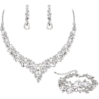 EVER FAITH Statement Halskette Ohrringe und Armband Set für Damen österreichische Kristall Tropfen Cluster Schmuckset Klar Silber-Ton