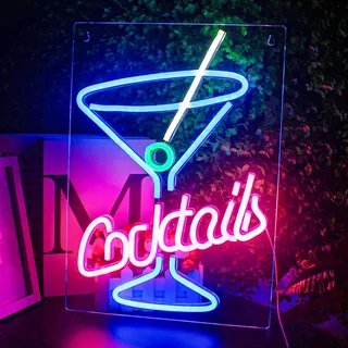 Looklight Cocktails Bar Neon Schild LED Cocktail Neon Sign Rosa Blau Leuchtschild Cocktailglas LED Schriftzug Bier Leuchtreklame für Bar, Zuhause, Club, Party, Küche, 42 x 30 cm
