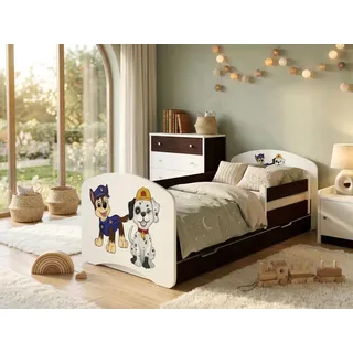 Happy Babies Kinderbett mit Rausfallschutz Junge 140x70 Bett für Kinderzimmer mit Schublade Matratze Einzelbett für Kinder Blau Hundemotiv - Blau