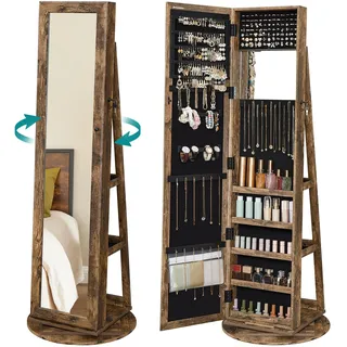 Songmics Schmuckschrank, Spiegelschrank, mit Ganzkörperspiegel, um 360° drehbar, Schmuckaufbewahrung, abschließbar, mit Schlüsseln, Schlafzimmer, Geschenkidee, vintagebraun JJC062K01