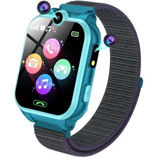 PTHTECHUS Smartwatch Kinder - 1.68'' Uhr Telefon für Mädchen Jungen mit Anruf, SOS, 18 Spiele, Musik, Kamera, Wecker, Taschenlampe, Kinderuhr Telefonieren Smart Watch Kids Geschenk, Blau