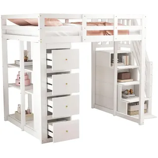 Stilvora Hochbett 140/200 cm in Weiß mit 4 Schubladen, Regal und Sicherheitsleiter , Holz, Holzwerkstoff , 140x200 cm , Babymöbel & Kindermöbel, Kinderzimmer & Jugendzimmer, Kinderbetten, Hochbetten