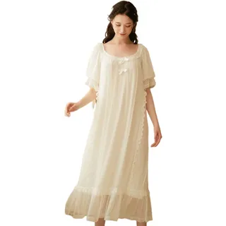 YAROVA Damen Nachthemden - Langes Nachtkleid Frauen Mesh Nachtwäsche Spitze Vintage Nachthemden Nachtwäsche Frühling Sommer Kurzarm Nachthemd Elegante Einfache Hauskleidung