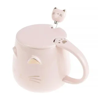 lachineuse - Kawaii Katzen-Tasse 450ml - Keramikbecher Katze mit Deckel & Löffel - Farben Rosa & Gold - Teetass, Kaffeetasse - Originaler Japanischer Becher - Geschenkset Japan Asien Süßes Kätzchen