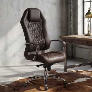 FineBuy Bürostuhl Braun MONTEREY Echt-Leder Schreibtischstuhl XXL Polsterung Chefsessel hohe Rückenlehne mit Kopfstütze Drehstuhl Drehsessel - Braun