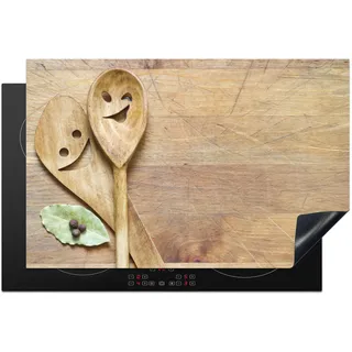 KitchenYeah© Herdabdeckplatte Einteilig Küche Herdabdeckung Induktionsfeld | 81.6x52.7 cm - Glaskeramikkochfeld Herdabdeckplatten Vinyl Matte Aufrollbar Holz - Löffel - Braun - Smiley