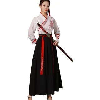 SocalmDown Damen Chinesisches Kostüm Langarm Stickerei Hanfu Top Hohe Taille Swing Rock Outfit, Antike Bühnenleistung (Weiß+Schwarz, XL)