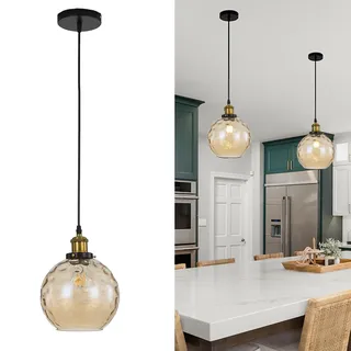 HJXDtech Industrielle Vintage Pendelleuchte mit 20cm Buntem Glaskugel Lampenschirm in Wasserwellen, Antike Bronze E27 Loft Bar Deckenleuchte Hängelampe (Bernstein)