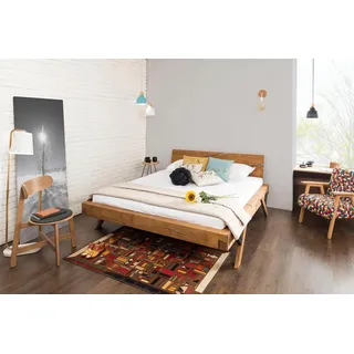 Massivholzbett SALESFEVER "Eik Naturbelassenes Bett", beige (natur, holzfarben, natur, braun, holzfarben, natur, braun, schwarz), B:158cm H:90cm L:218cm, 100% Fichtenholz massiv, Betten, Massivholzbett, Urige Eleganz trifft moderne Formen - Unikat-Balkenbett