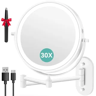 Auxmir Kosmetikspiegel mit Beleuchtung, 1X/30X Wiederaufladbar Schminkspiegel, 3200mAh Rasierspiegel Wandmontage, Dimmbar Vergrößerungsspiegel mit 3 Lichtfarben, 360° Drehbar für Badezimmer