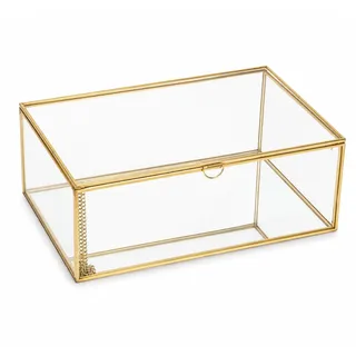 Feyarl Glas Schmuckkästchen mit Deckel Goldrahmen Transparente Schmuckbox rechteckig Aufbewahrungsbox für Schmuck & Erinnerungen Deko Geschenk für Frauen (27x17.6x 9.6cm)