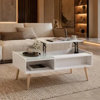 Makika Couchtisch / Wohnzimmertisch mit Glas ausziehbar mit verstecktem Fach in Weiß - Weiß