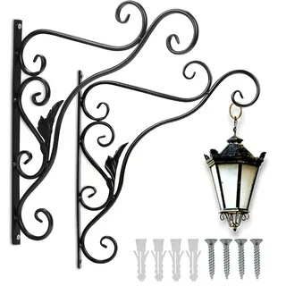 TolleTour 2 Stück Haken Wandhalterung Blumenampel Landhaus Gusseisen 35 cm Konsole Regal Aufhänger Wandhaken Blumenhaken Laternenhalter Blatt - Schwarz
