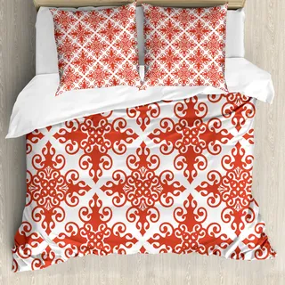ABAKUHAUS rot Bettbezug, West Scroll Ornament, Milbensicher Allergiker geeignet mit Kissenbezügen, 200 cm x 200 cm - 80 x 80 cm, rot-Weiss