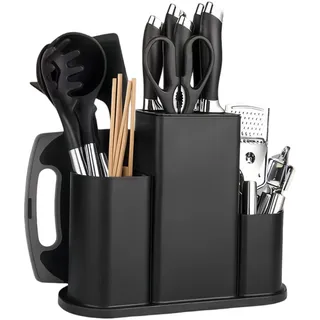 4 in 1 Universal Messerblock Ohne Messer, Unbestückte Messerblöcke, Quadrat Messerhalter, knife Block mit Utensilienfächer & Abflusslöcher, Messerblockhalter Messer Aufbewahrung Ständer (Schwarz)