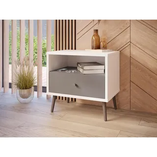 Forte Harllson, einfache Montage Dank EasyKlix Nachttisch, Nachtschrank Weiß mit Wolfram Grau, Nachtkommode mit Schublade, skandinavischer Stil, Retro, 60 cm breit x 58 cm hoch x 41 cm tief
