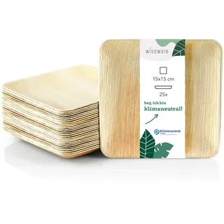 Wiseware Palmblatt Teller quadratisch – 25 Stück Bio Einwegteller 15 x 15 cm – kompostierbares Palmblattgeschirr – plastikfreies nachhaltiges Partygeschirr – umweltfreundliches Holzeinweggeschirr