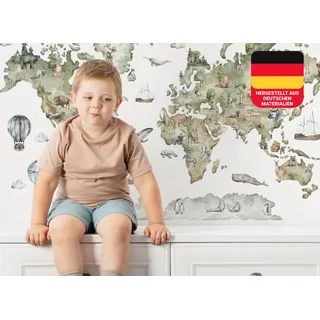 Osomhome Wandtattoo Kinderzimmer Mädchen & Junge: Weltkarte Tiere (120x70cm) | World Map Wall Decoration Wandsticker | Kinder & Babyzimmer Deko | Wall Stickers & Wanddeko Kinderzimmer os5093