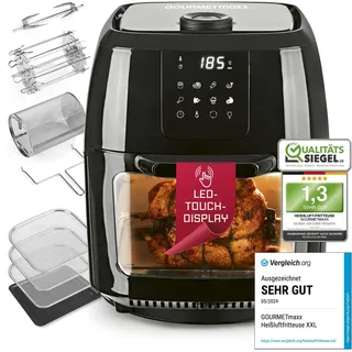 GOURMETmaxx Digitale Heißluftfritteuse XXL - 9L Ofen | Airfryer mit Timerfunktion, Touchdisplay, Drehspieß, Schaschlikspießen | fettarm, energiesparend frittieren | 8 Programme, 1800 W